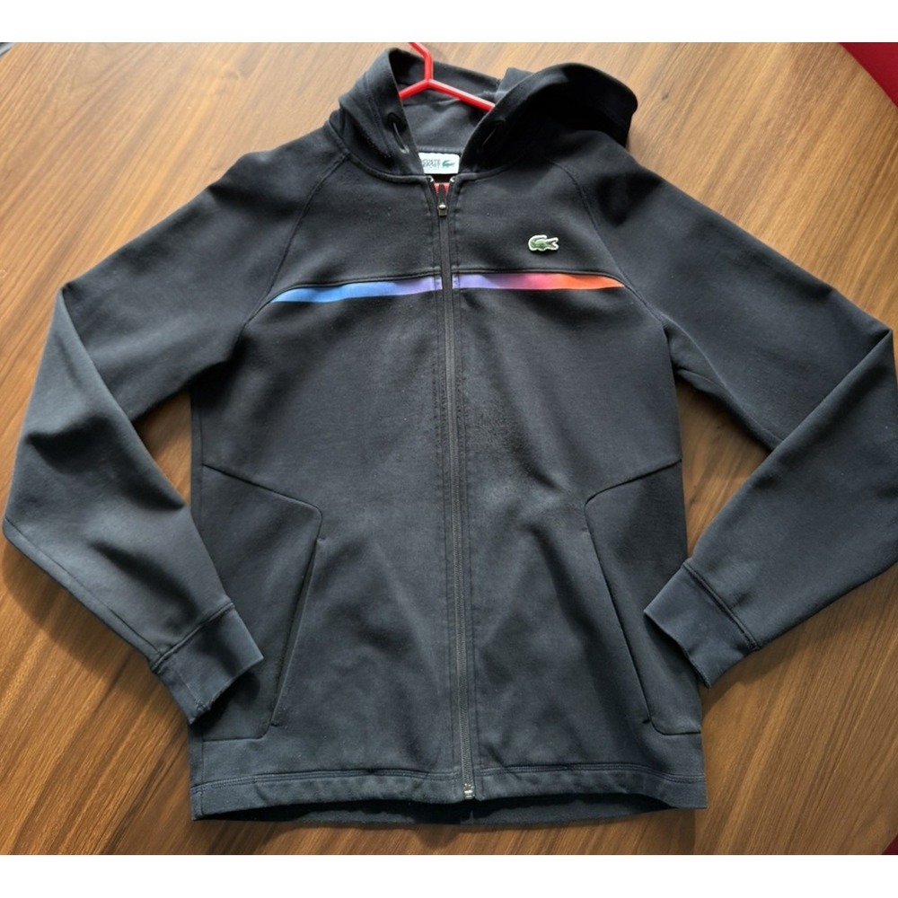 Distress Mens Lacoste Hoodie Fleece Casual Full Zip Black Hoodie